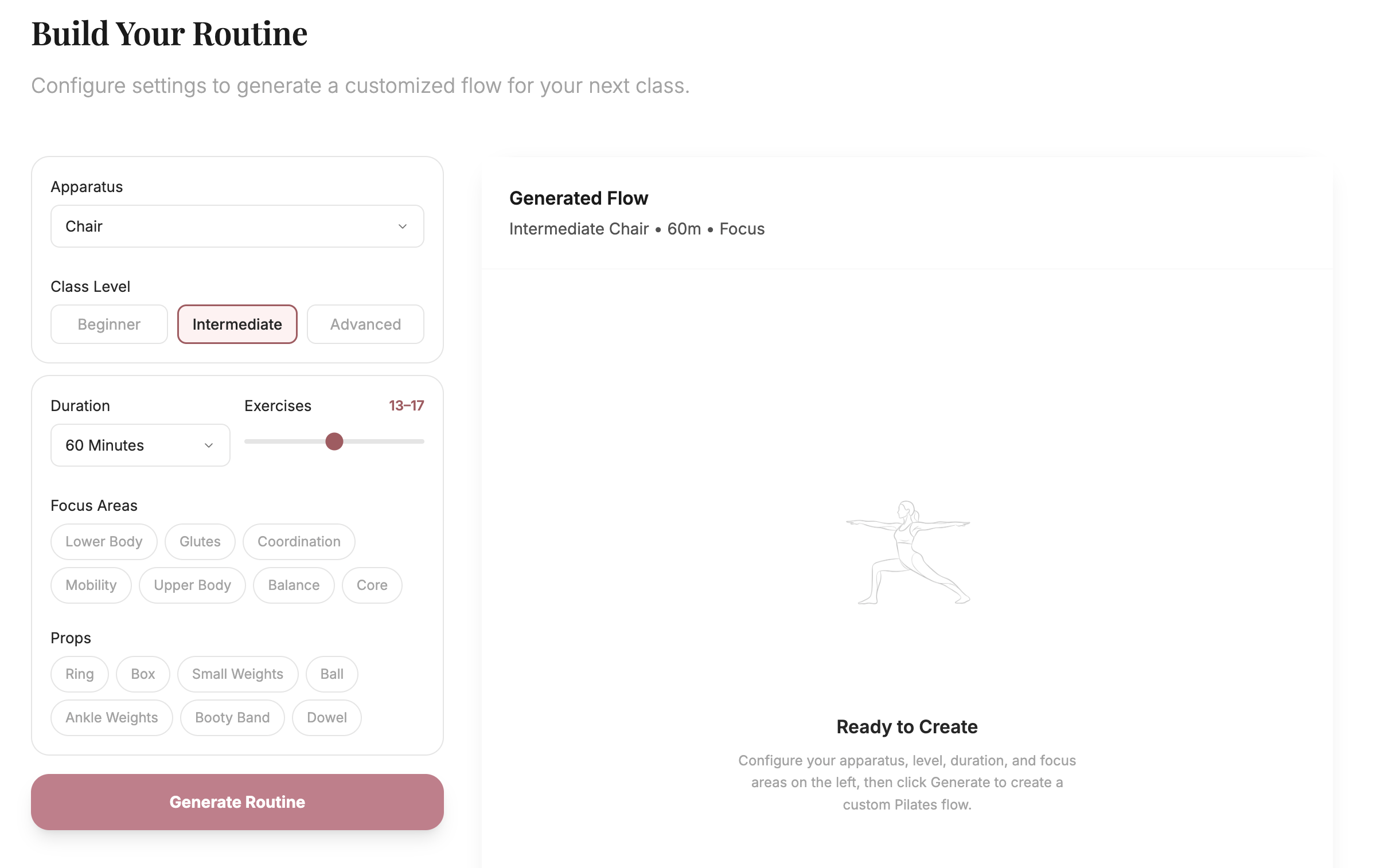 Pilavio routine generator settings page, ready to create a routine