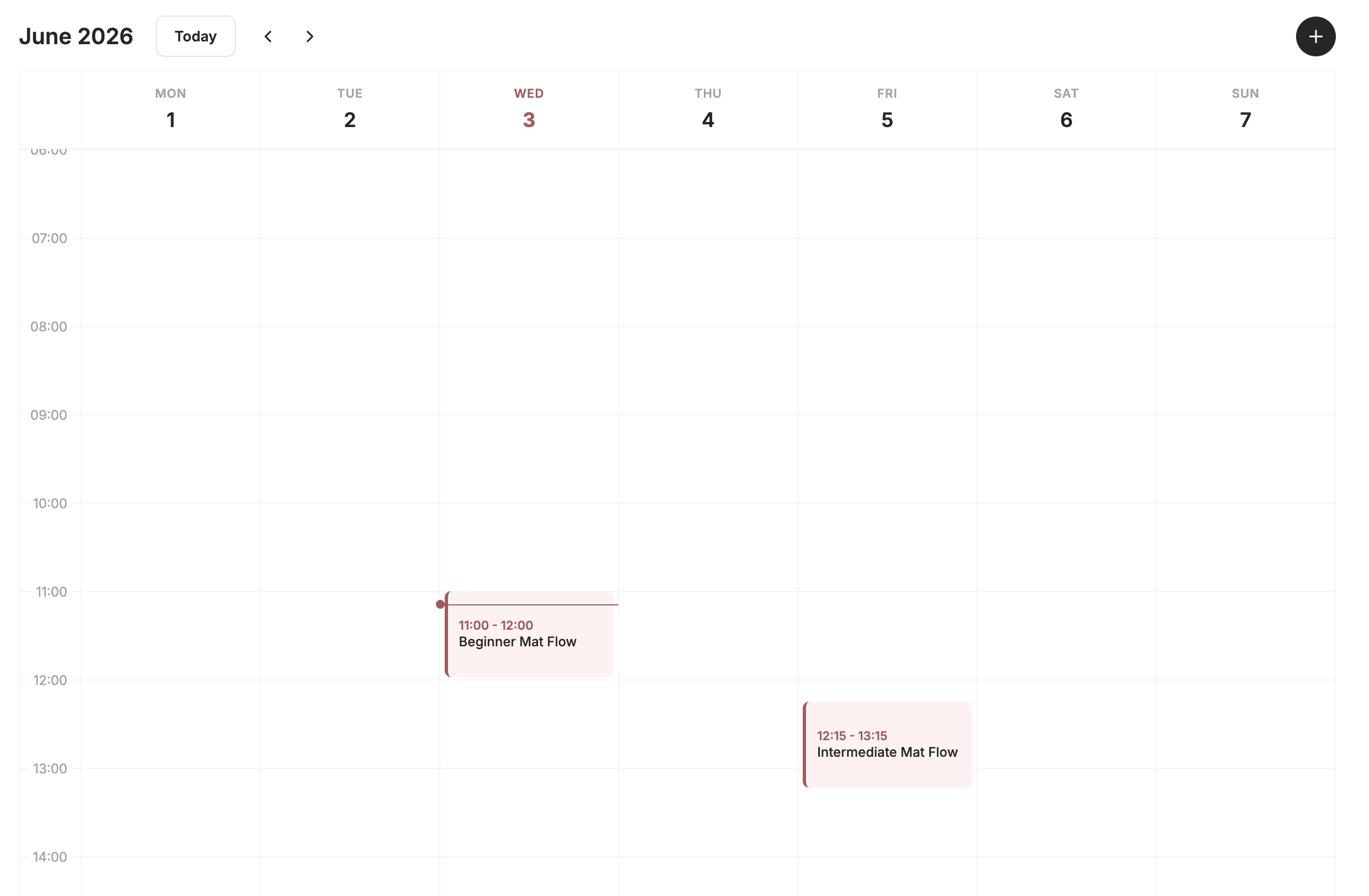Pilavio weekly calendar scheduler showing June 2026